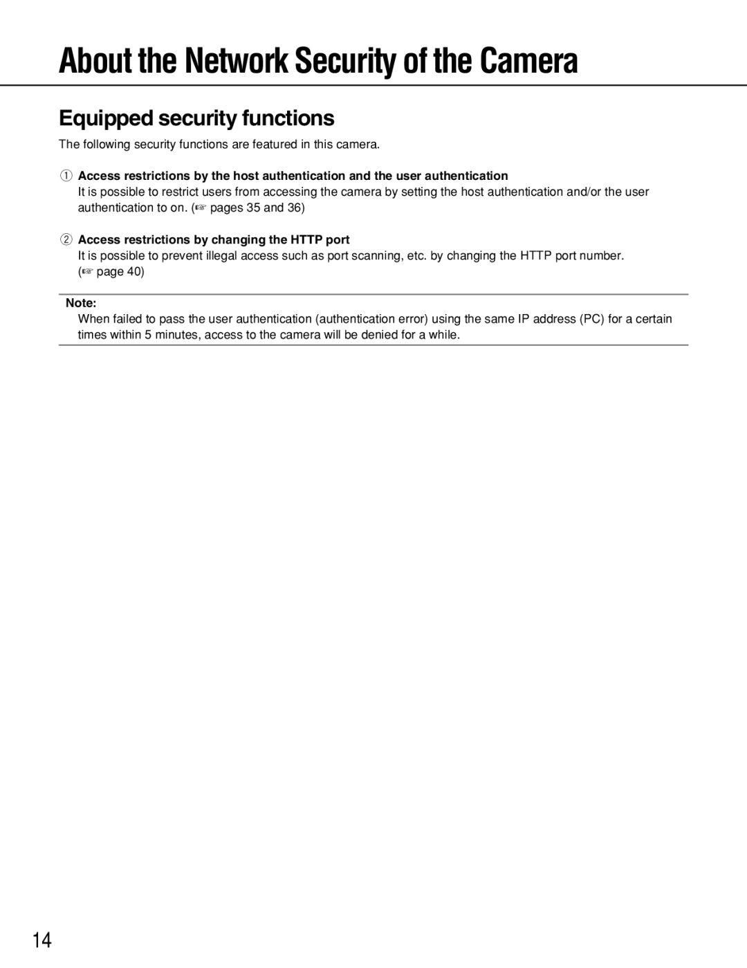 Panasonic WV-NP1000, WV-NP1004 manual About the Network Security of the Camera, Equipped security functions 