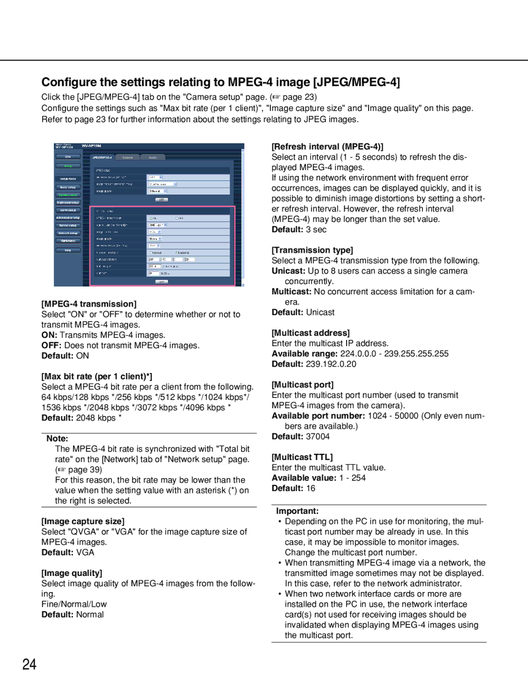 Panasonic WV-NP1000, WV-NP1004 manual Configure the settings relating to MPEG-4 image JPEG/MPEG-4 