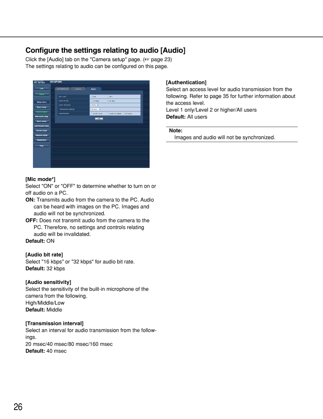 Panasonic WV-NP1000, WV-NP1004 manual Configure the settings relating to audio Audio 