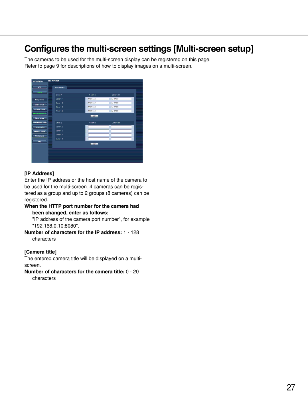 Panasonic WV-NP1004, WV-NP1000 manual Configures the multi-screen settings Multi-screen setup, IP Address 