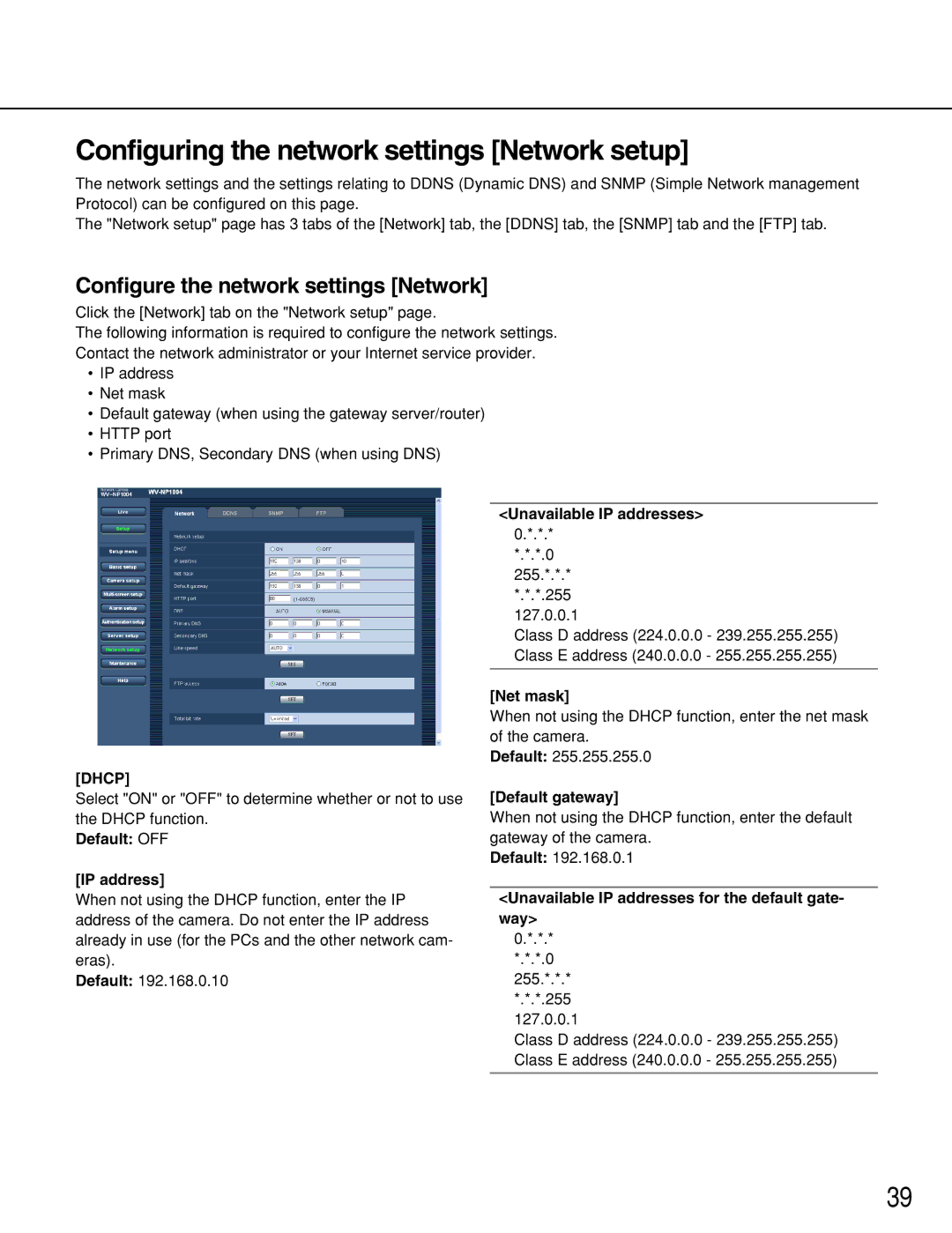 Panasonic WV-NP1004 manual Configuring the network settings Network setup, Configure the network settings Network, Dhcp 