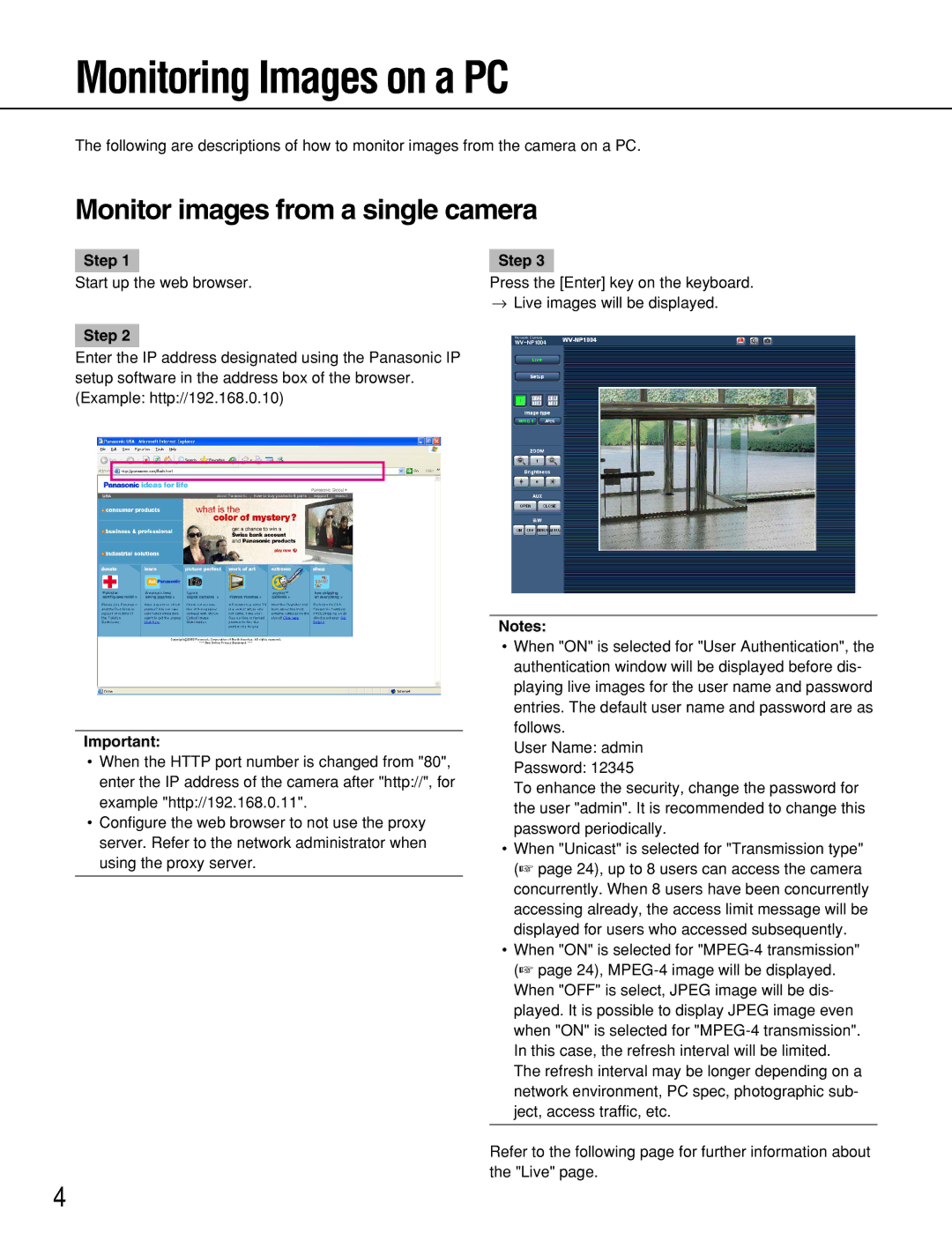 Panasonic WV-NP1000, WV-NP1004 manual Monitoring Images on a PC, Monitor images from a single camera, Step 