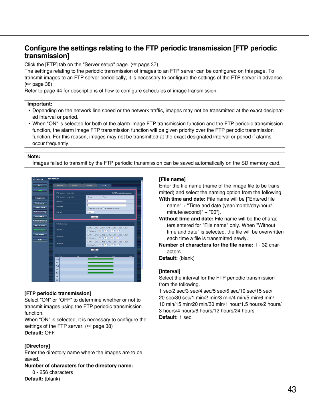 Panasonic WV-NP1004 FTP periodic transmission, Default OFF Directory, Default blank File name, Default blank Interval 