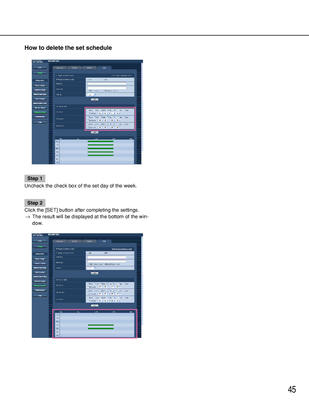 Panasonic WV-NP1004, WV-NP1000 manual How to delete the set schedule 