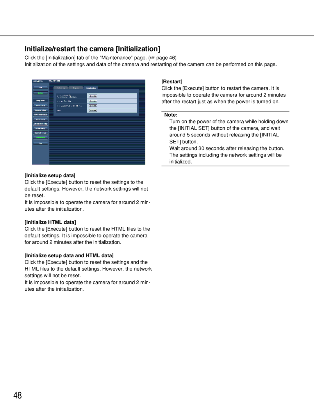 Panasonic WV-NP1000 Initialize/restart the camera Initialization, Initialize setup data, Initialize Html data, Restart 