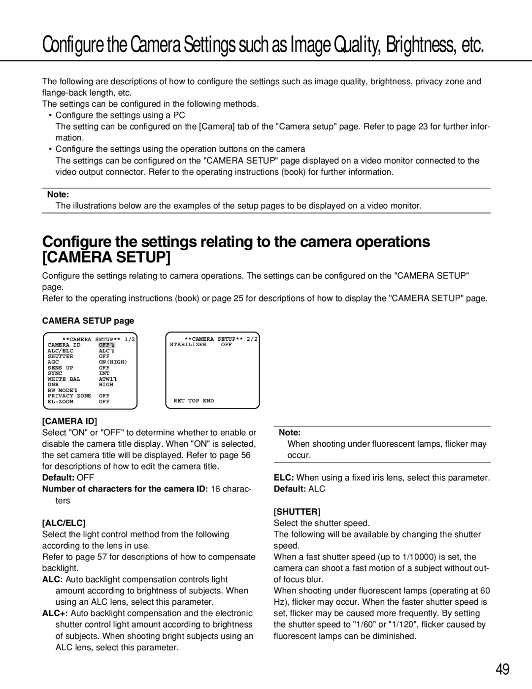 Panasonic WV-NP1004, WV-NP1000 manual Configure the settings relating to the camera operations, Camera ID, Alc/Elc, Shutter 