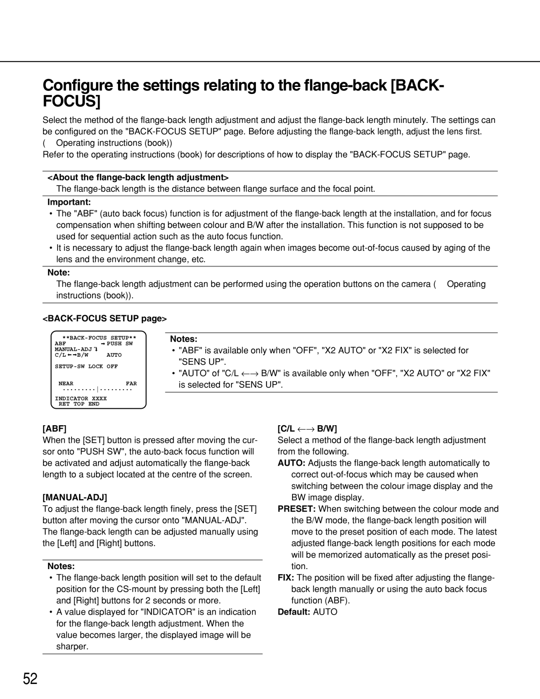 Panasonic WV-NP1000, WV-NP1004 manual Configure the settings relating to the flange-back Back, Abf, Manual-Adj 