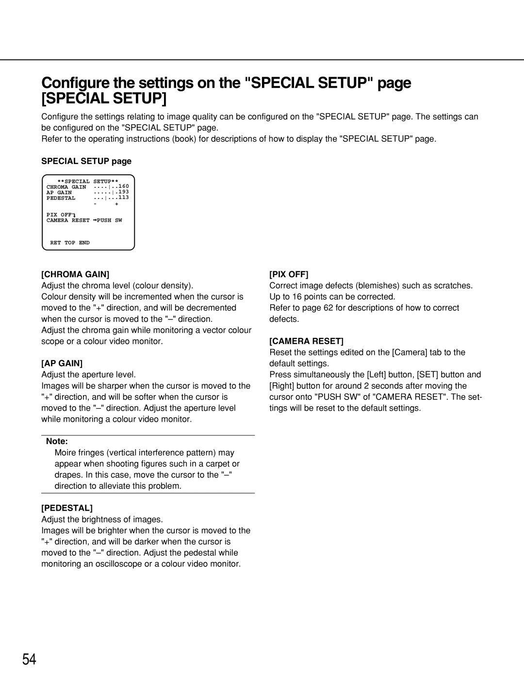 Panasonic WV-NP1000, WV-NP1004 manual Configure the settings on the Special Setup 