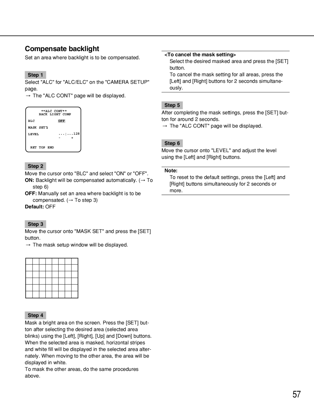 Panasonic WV-NP1004, WV-NP1000 manual Compensate backlight, Default OFF Step, To cancel the mask setting 