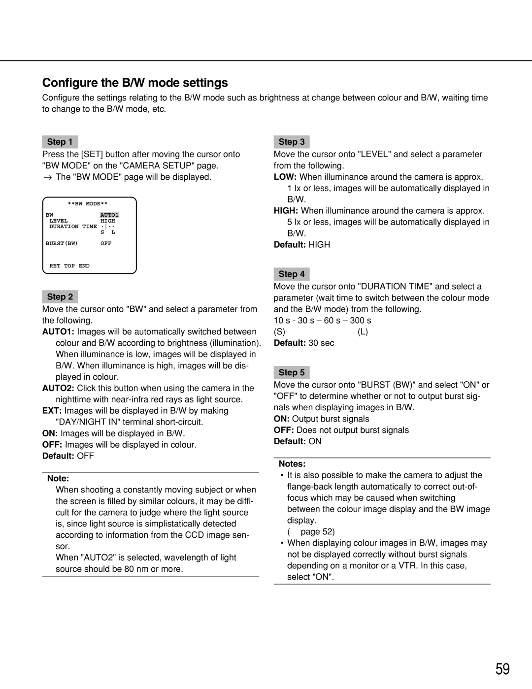 Panasonic WV-NP1004, WV-NP1000 manual Configure the B/W mode settings, Default High Step, Default 30 sec Step, Default on 