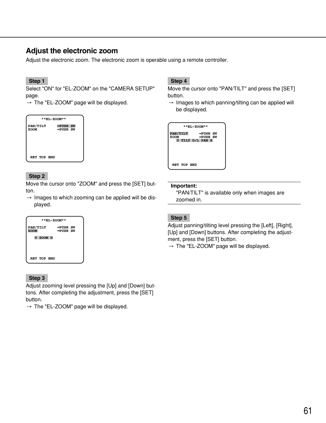 Panasonic WV-NP1004, WV-NP1000 manual Adjust the electronic zoom 