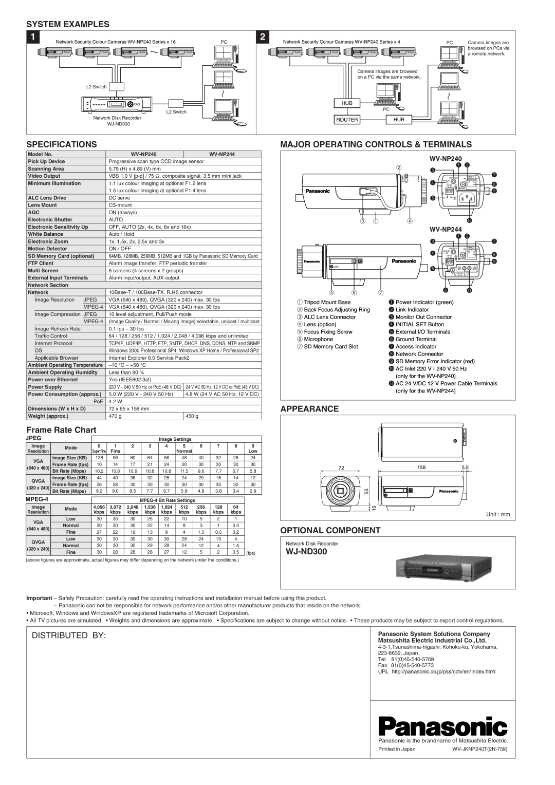 Panasonic WV-NP240 #%##, 1+2+,%3, System Examples, Specifications, Major Operating Controls & Terminals, Appearance, Jpeg 