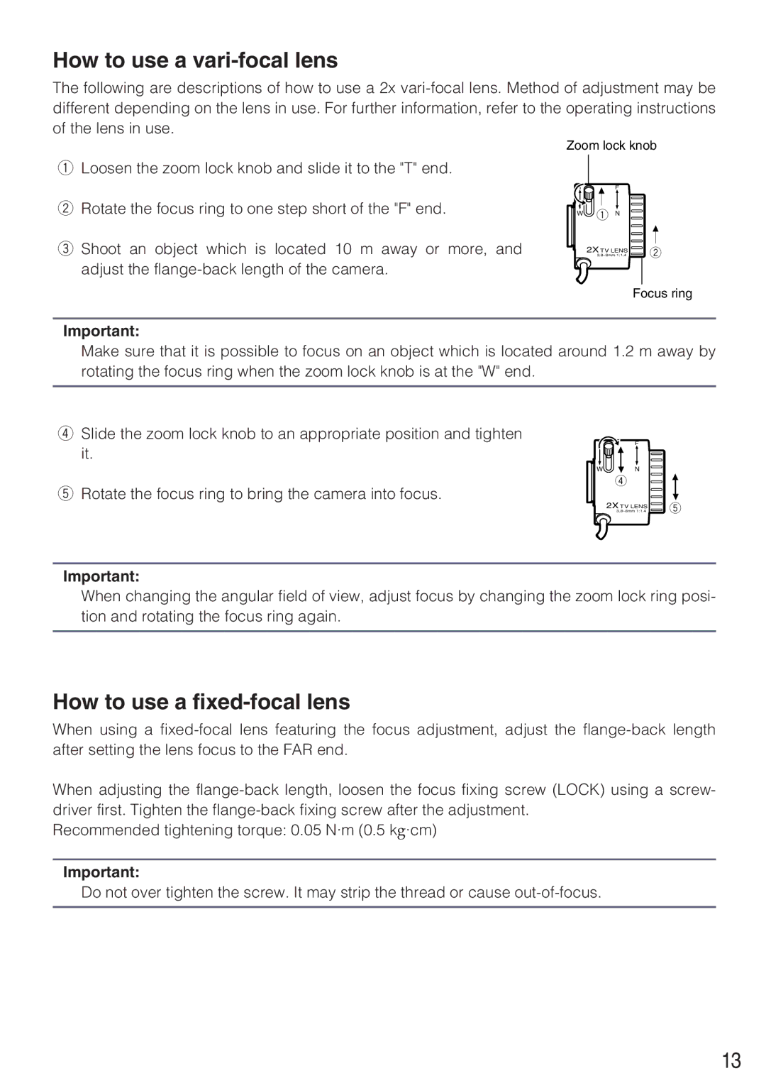 Panasonic WV-NP244 operating instructions How to use a fixed-focal lens, How to use a vari-focal lens 