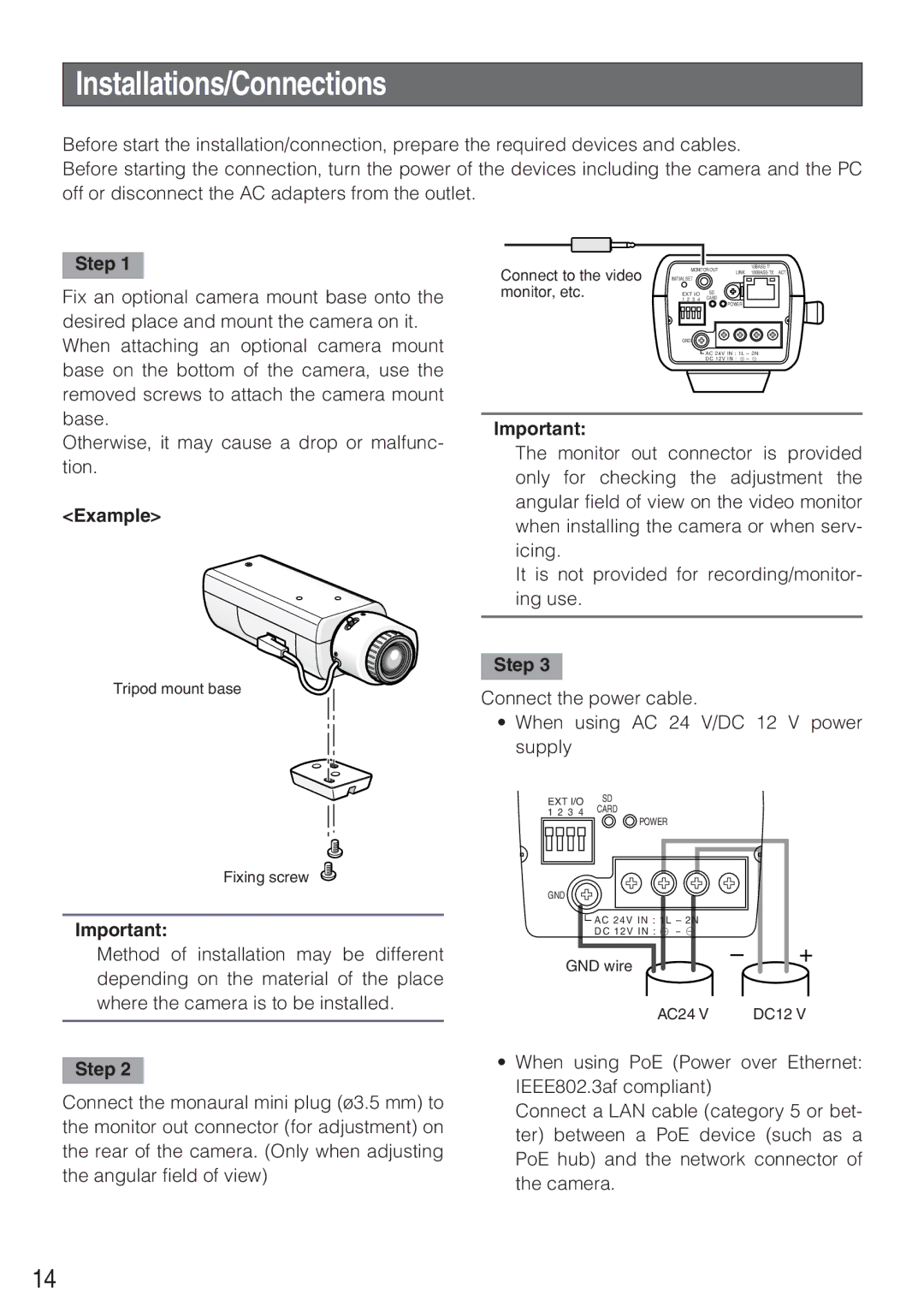 Panasonic WV-NP244 operating instructions Installations/Connections, Step, Example 