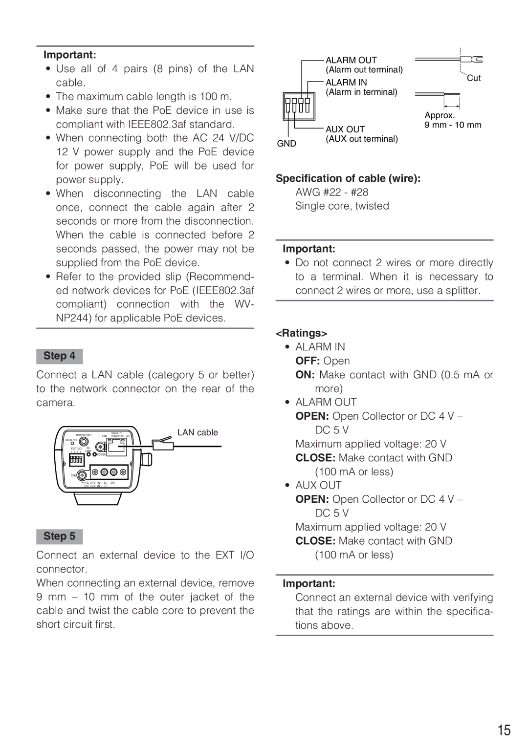 Panasonic WV-NP244 operating instructions Specification of cable wire, Ratings, Alarm OUT, Aux Out 