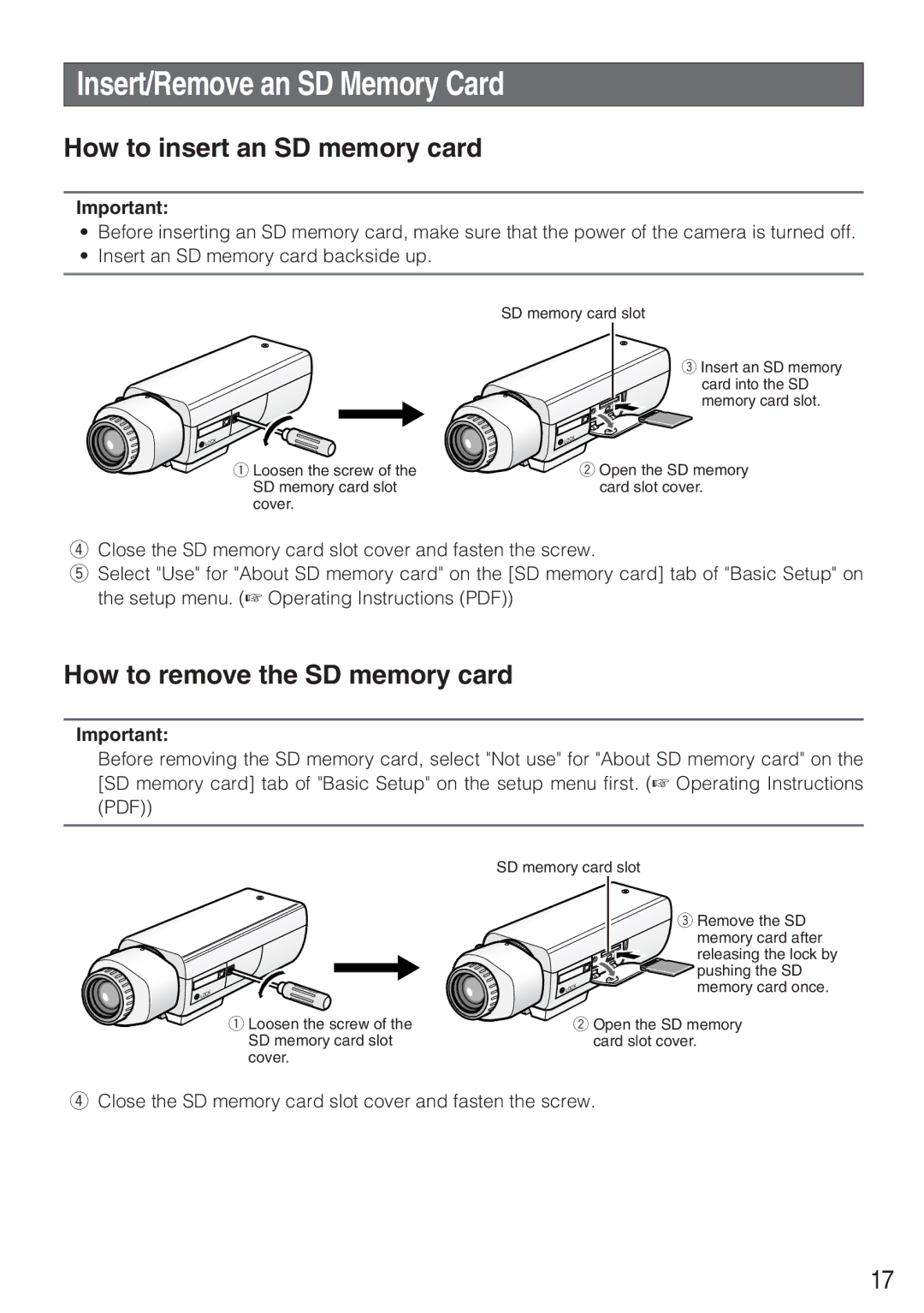 Panasonic WV-NP244 Insert/Remove an SD Memory Card, How to insert an SD memory card, How to remove the SD memory card 