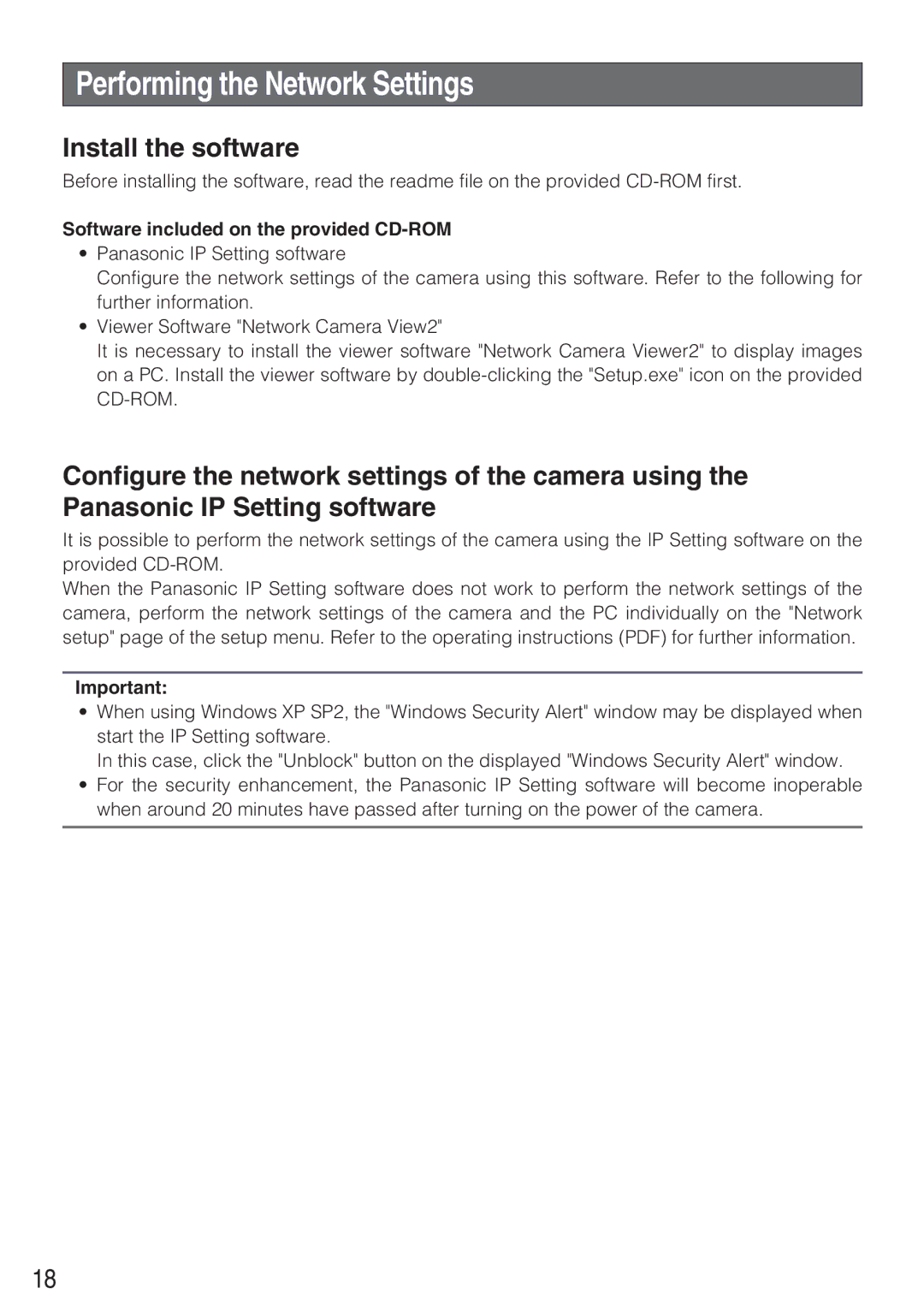 Panasonic WV-NP244 Performing the Network Settings, Install the software, Software included on the provided CD-ROM 