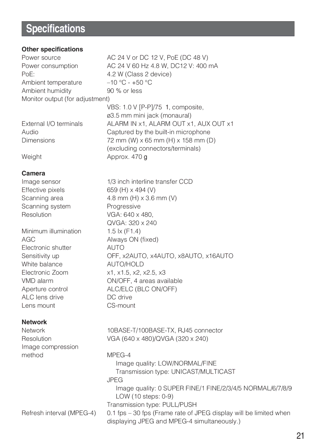 Panasonic WV-NP244 operating instructions Specifications, Other specifications, Camera, Network 