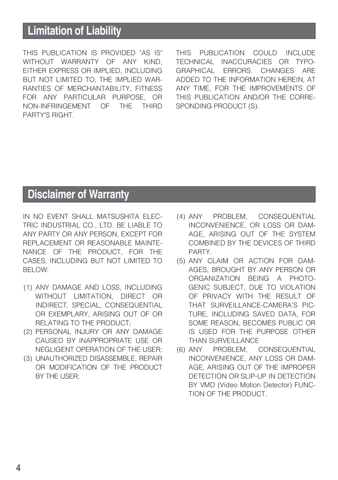 Panasonic WV-NP244 operating instructions Limitation of Liability, Disclaimer of Warranty, Tion of the Product 