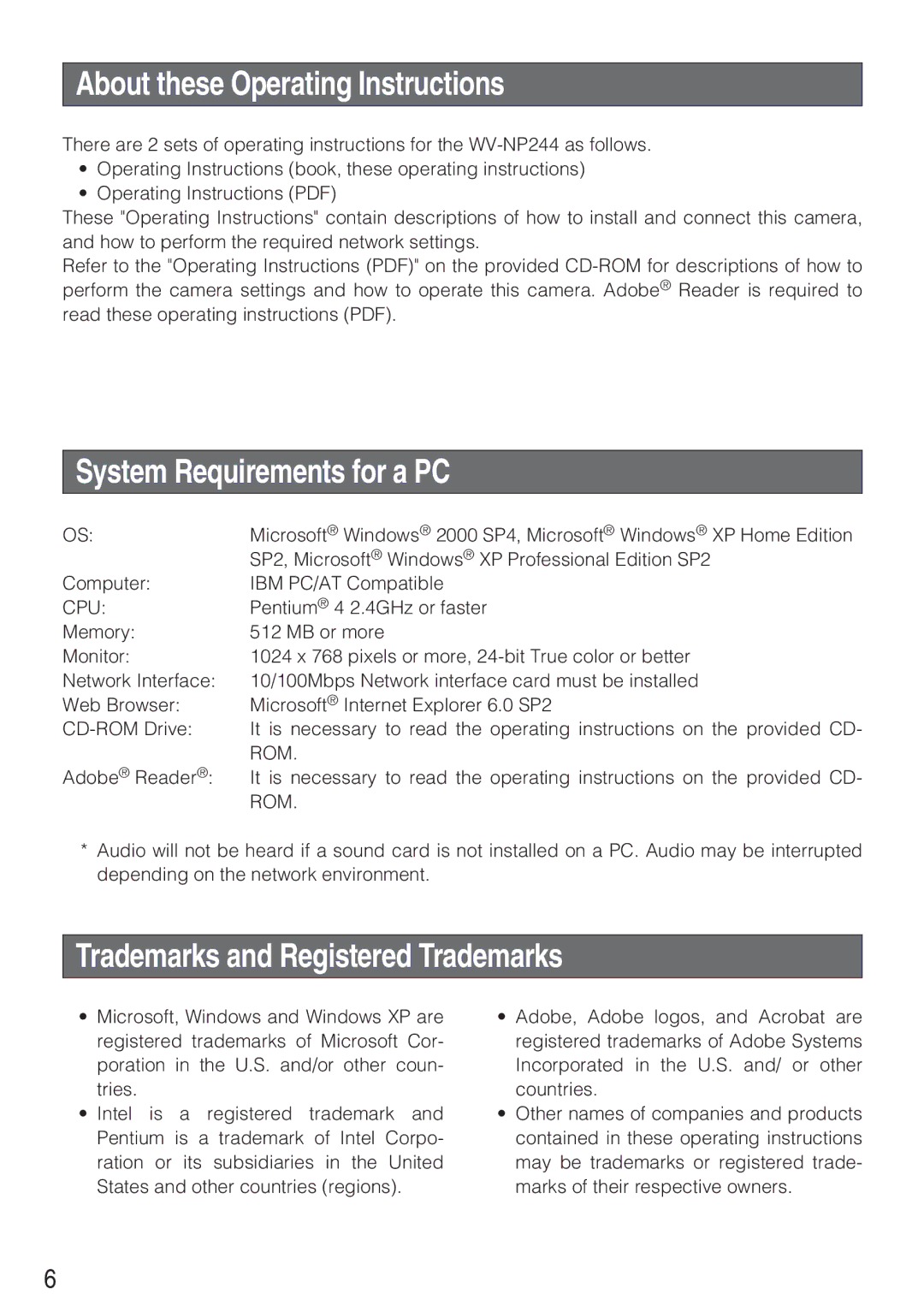 Panasonic WV-NP244 About these Operating Instructions, System Requirements for a PC, Trademarks and Registered Trademarks 