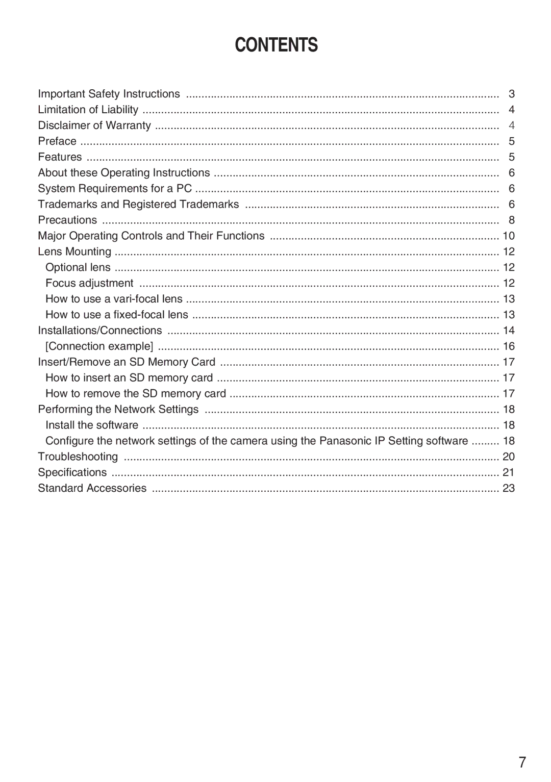 Panasonic WV-NP244 operating instructions Contents 