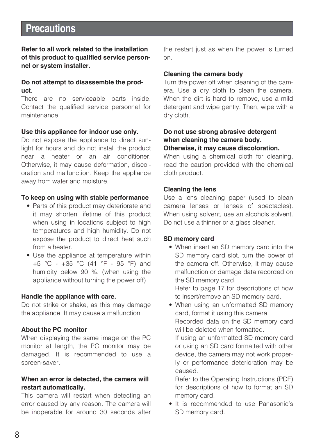 Panasonic WV-NP244 operating instructions Precautions 