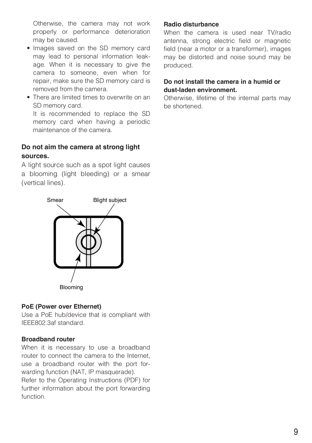 Panasonic WV-NP244 operating instructions PoE Power over Ethernet, Broadband router, Radio disturbance 