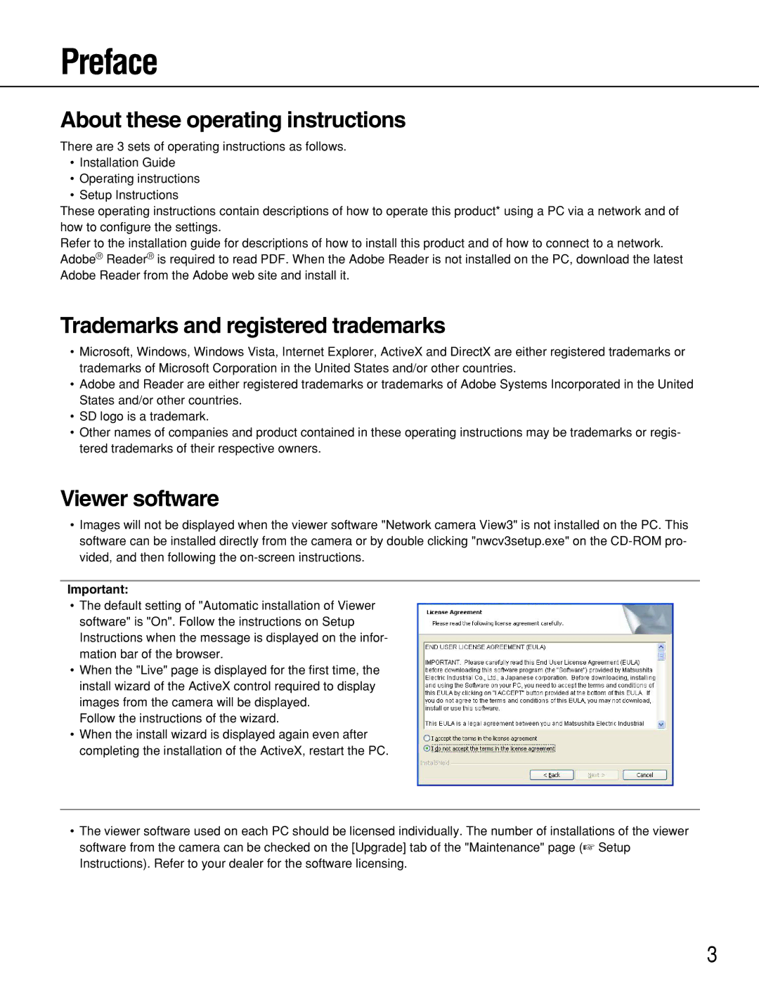 Panasonic WV-NP304 Preface, About these operating instructions, Trademarks and registered trademarks, Viewer software 