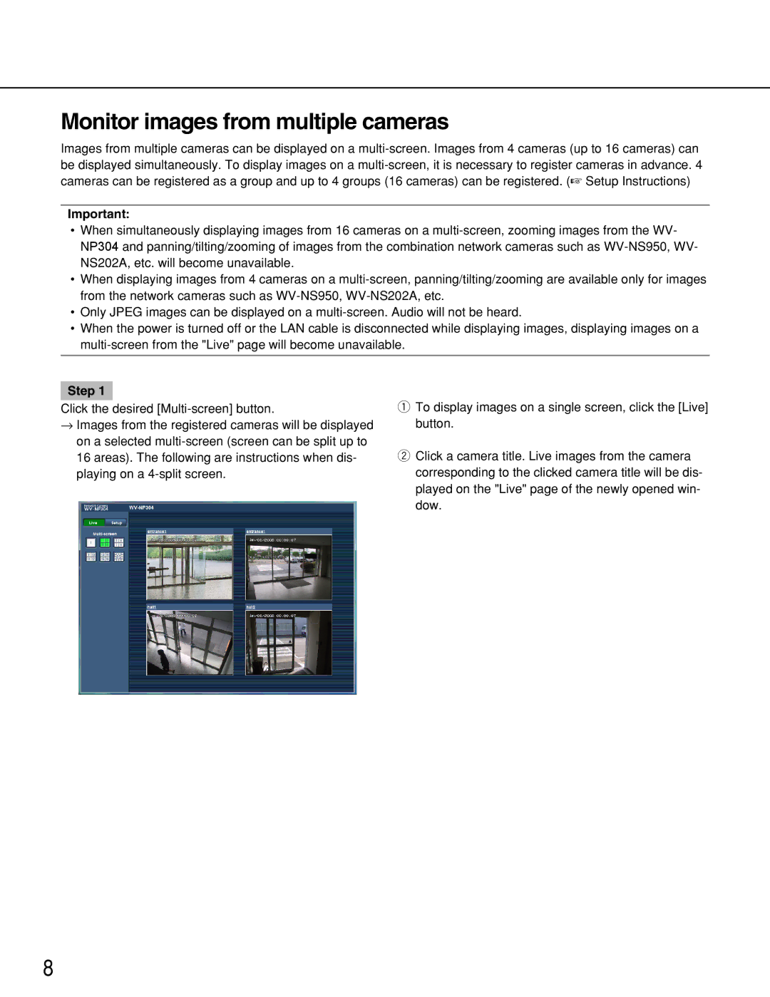 Panasonic WV-NP304 operating instructions Monitor images from multiple cameras, Step 