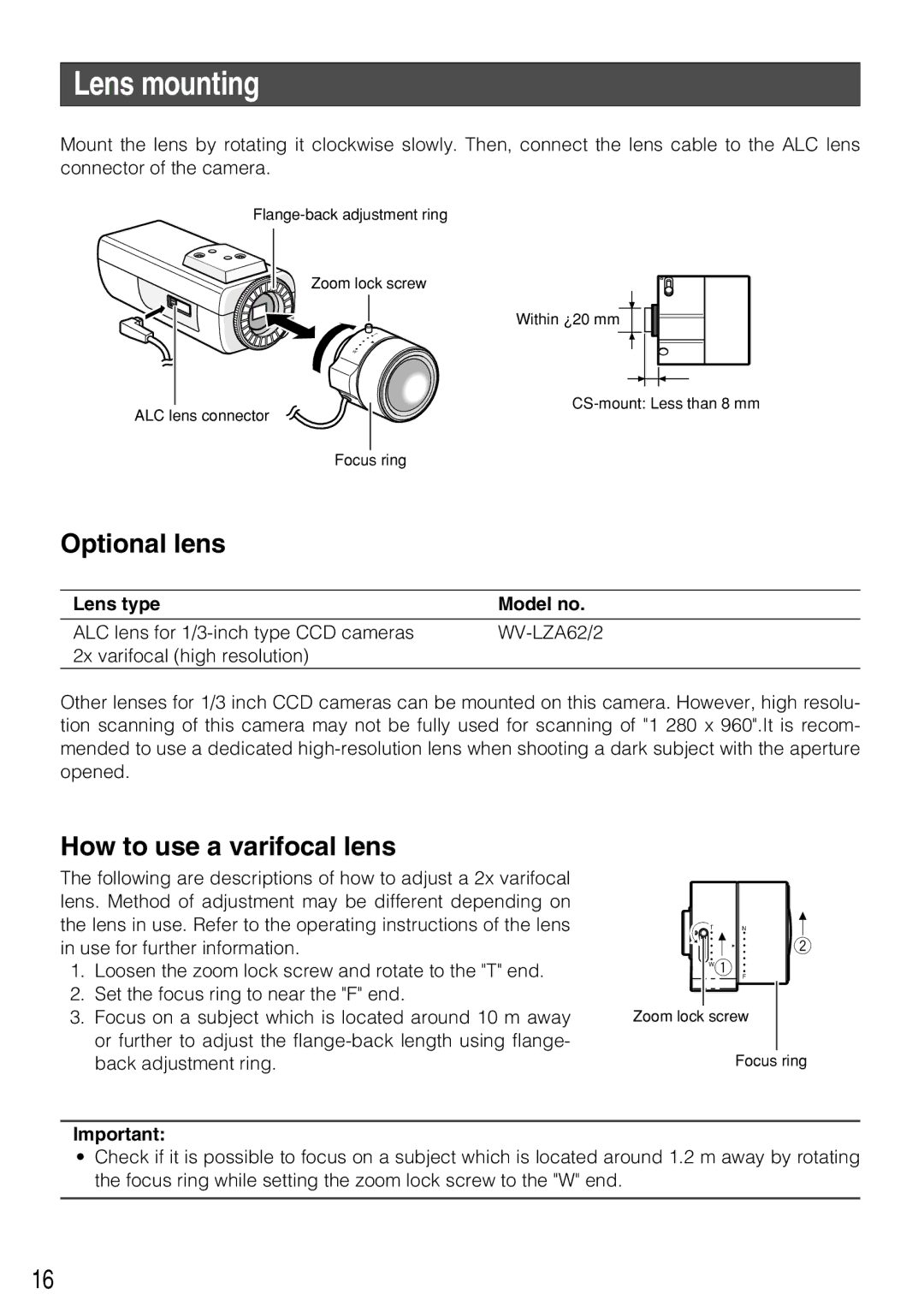 Panasonic WV-NP304 manual Lens mounting, Optional lens, How to use a varifocal lens, Lens type Model no 