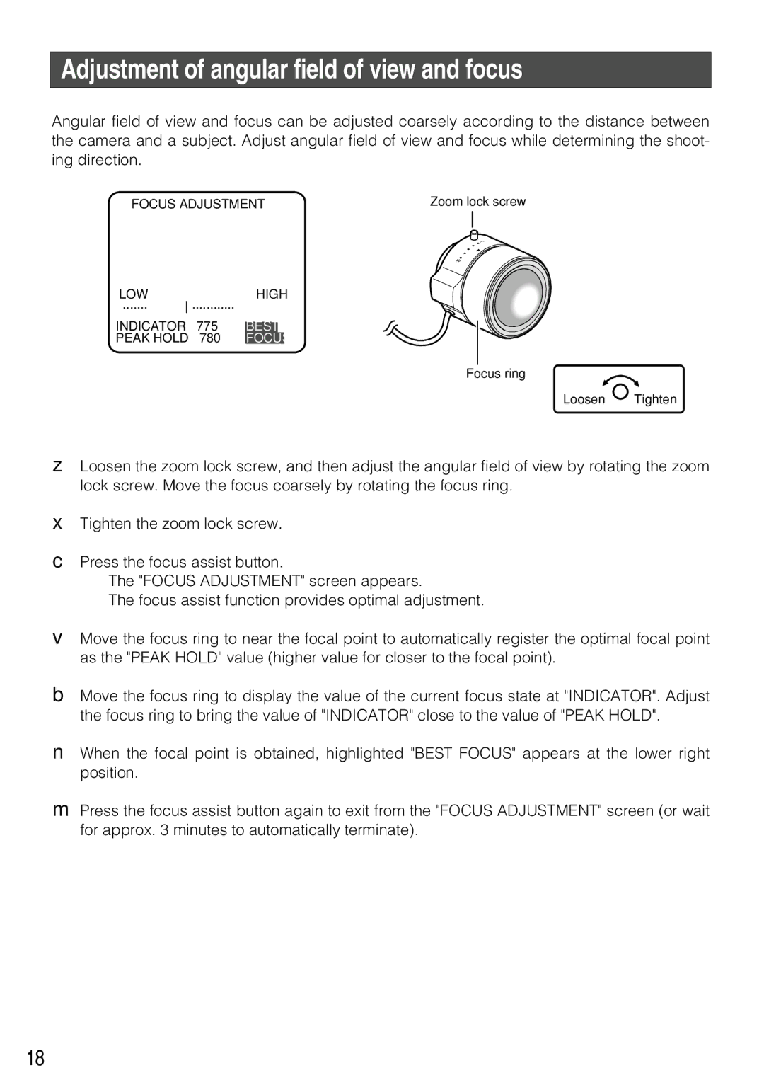 Panasonic WV-NP304 manual Adjustment of angular field of view and focus 