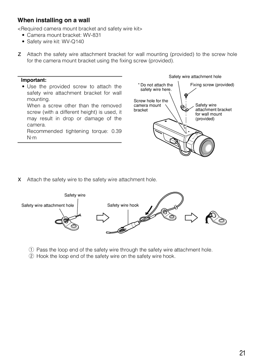 Panasonic WV-NP304 manual When installing on a wall 