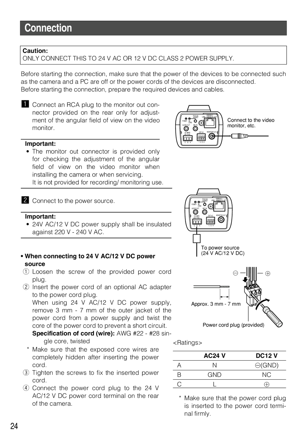 Panasonic WV-NP304 manual Connection, When connecting to 24 V AC/12 V DC power source, AC24 DC12 