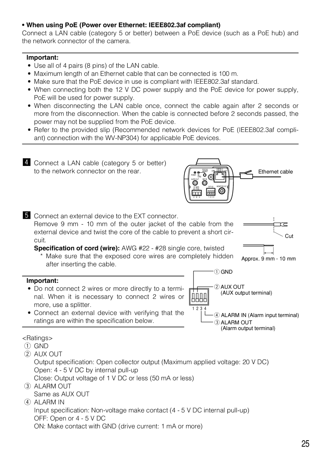 Panasonic WV-NP304 manual When using PoE Power over Ethernet IEEE802.3af compliant 