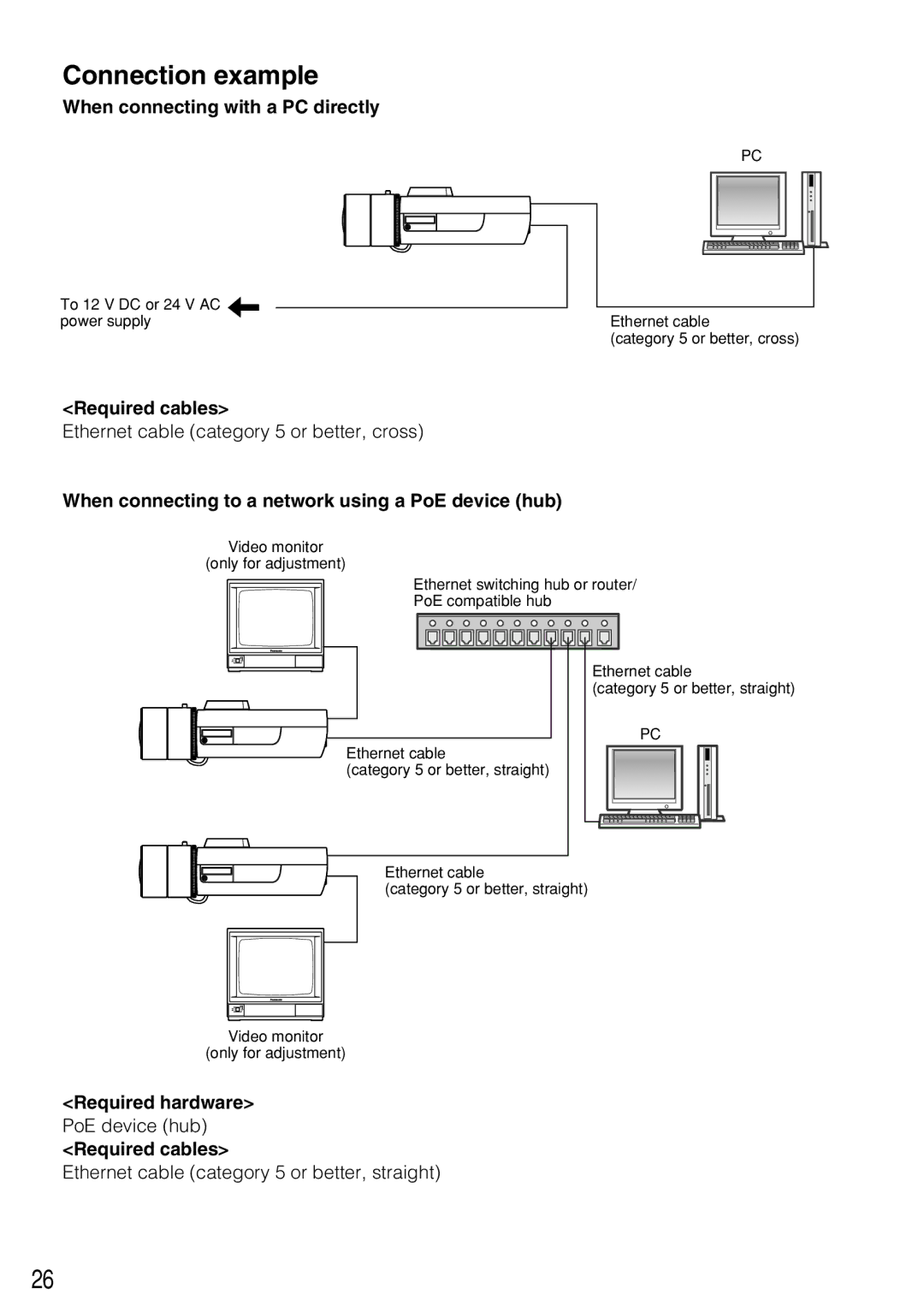 Panasonic WV-NP304 manual Connection example, When connecting with a PC directly, Required cables, Required hardware 