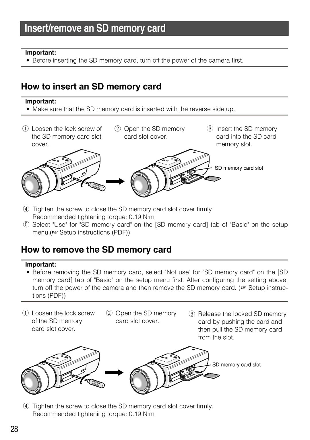 Panasonic WV-NP304 Insert/remove an SD memory card, How to insert an SD memory card, How to remove the SD memory card 