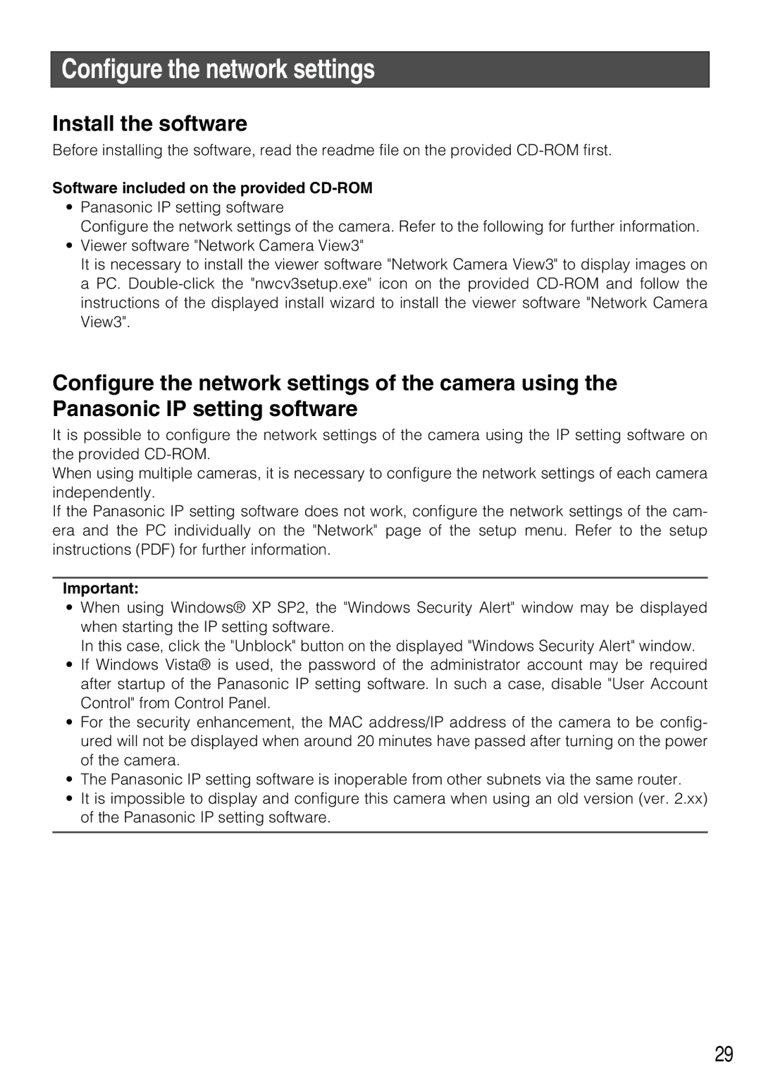 Panasonic WV-NP304 manual Configure the network settings, Install the software, Software included on the provided CD-ROM 