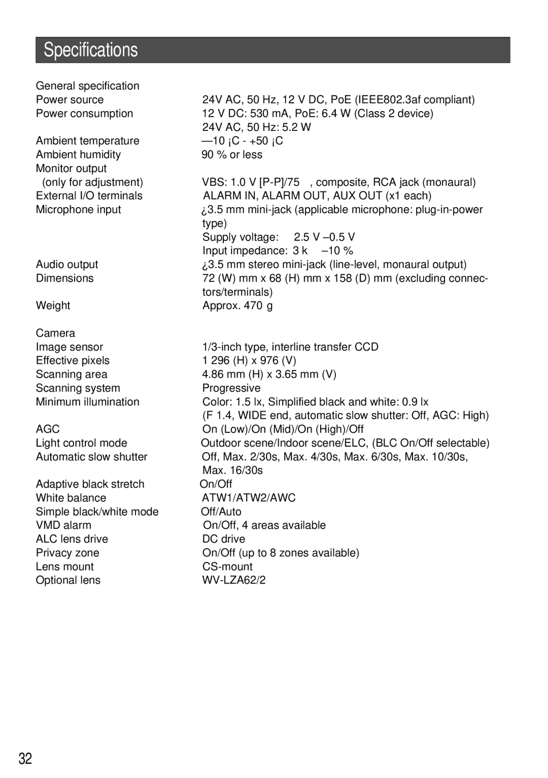 Panasonic WV-NP304 manual Specifications, General specification, Camera 