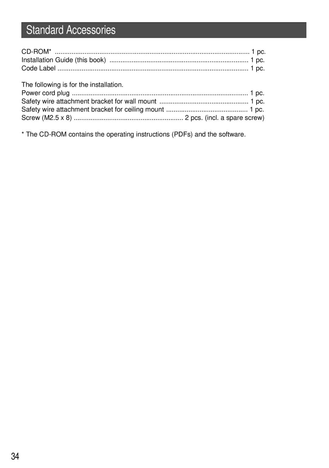 Panasonic WV-NP304 manual Standard Accessories, Following is for the installation 