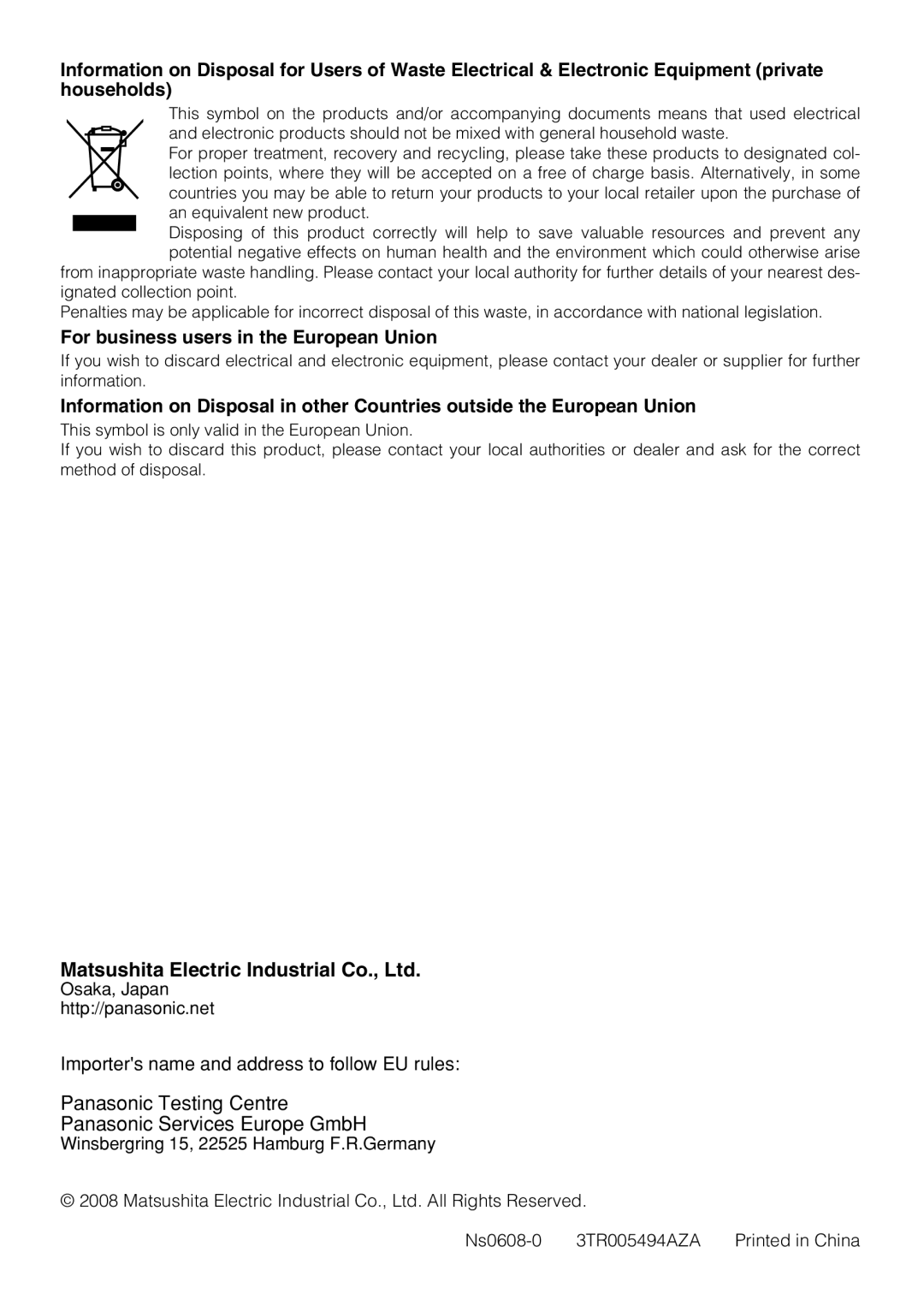 Panasonic WV-NP304 manual For business users in the European Union 