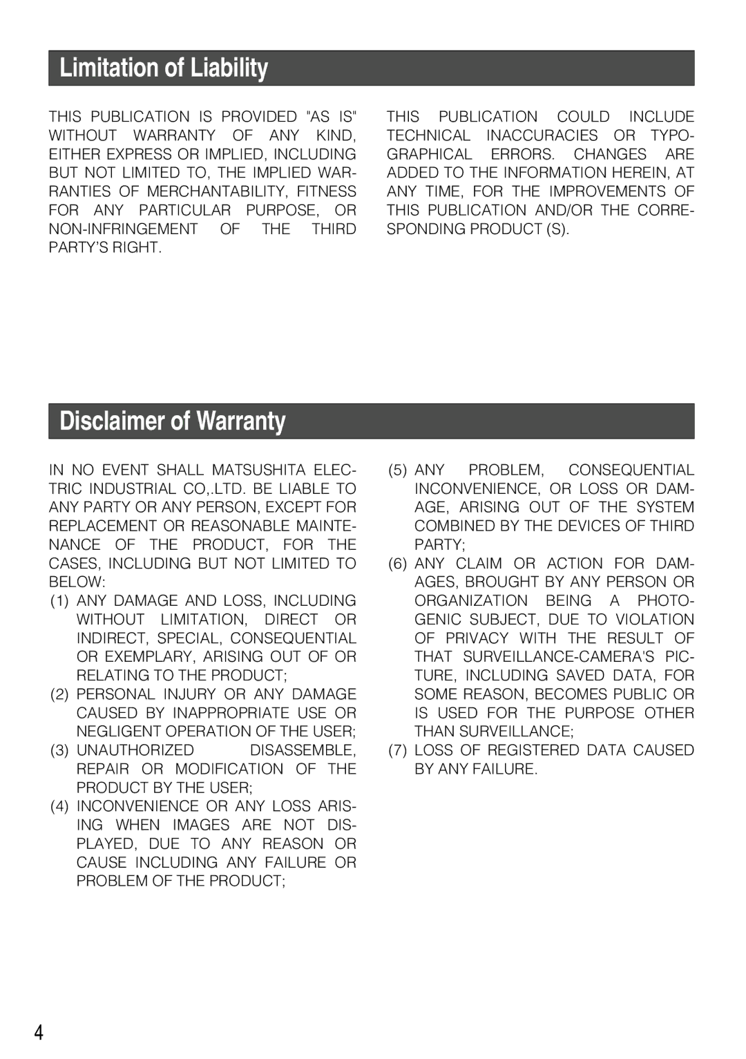 Panasonic WV-NP304 manual Limitation of Liability, Disclaimer of Warranty 