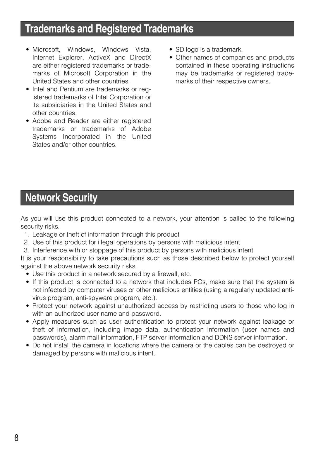 Panasonic WV-NP304 manual Trademarks and Registered Trademarks, Network Security 