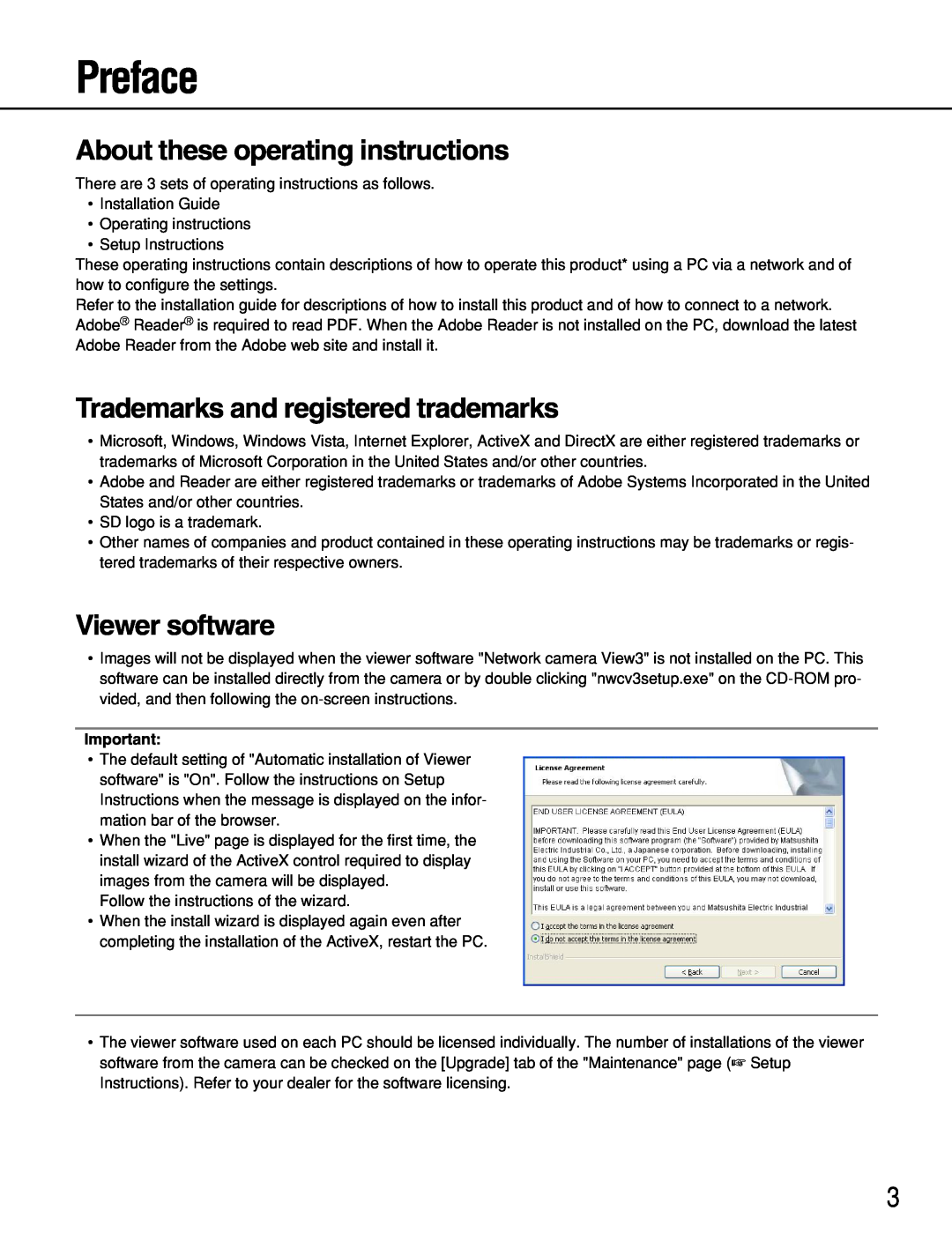 Panasonic WV-NP304 Preface, About these operating instructions, Trademarks and registered trademarks, Viewer software 