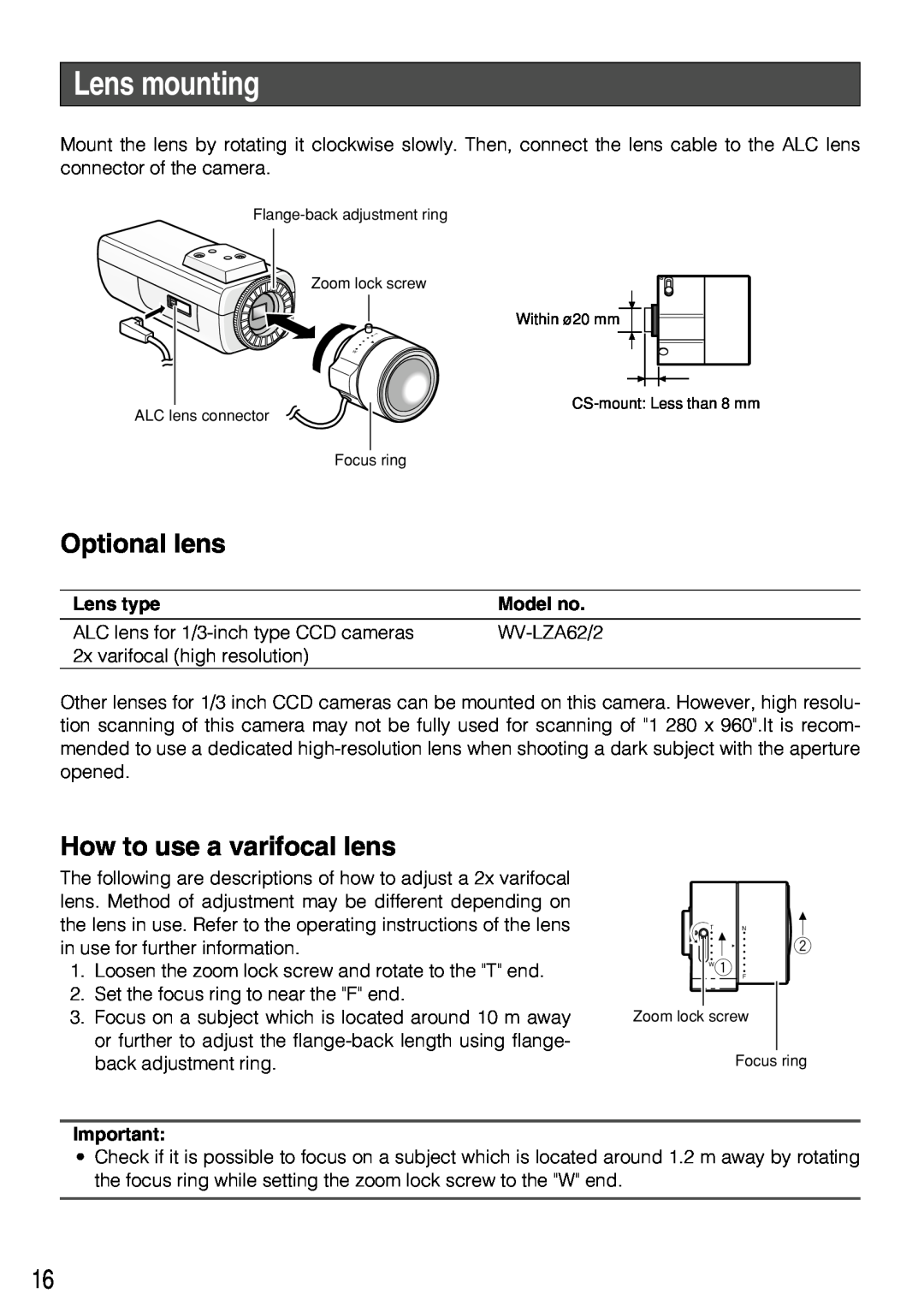 Panasonic WV-NP304 manual Lens mounting, Optional lens, How to use a varifocal lens, Lens type, Model no 