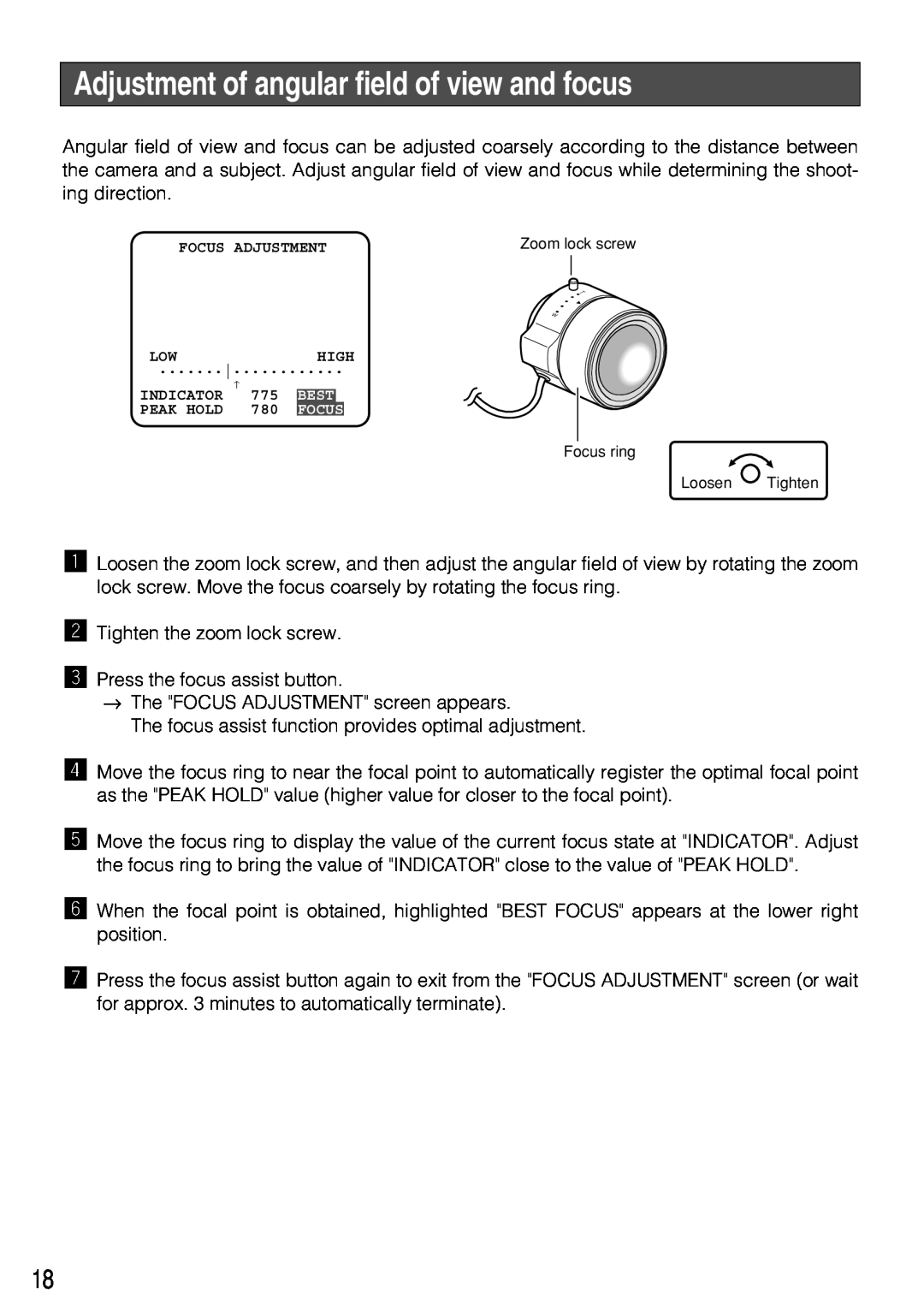 Panasonic WV-NP304 manual Adjustment of angular field of view and focus 