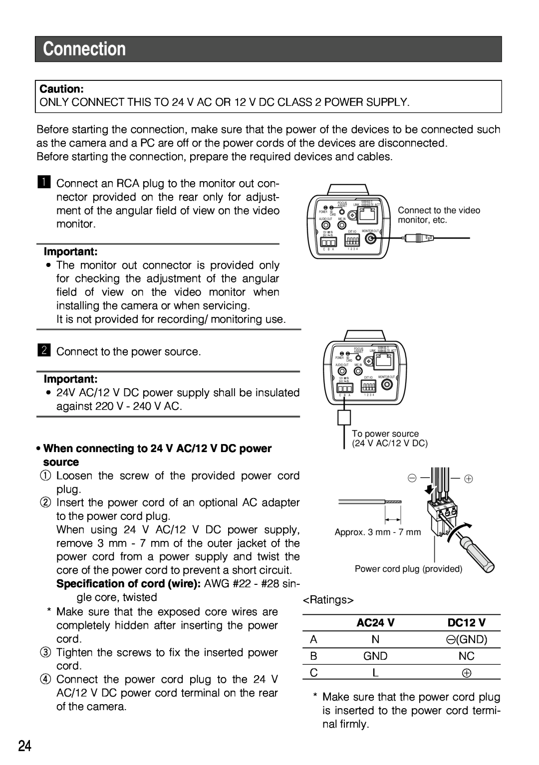 Panasonic WV-NP304 manual Connection, When connecting to 24 V AC/12 V DC power source, AC24, DC12 