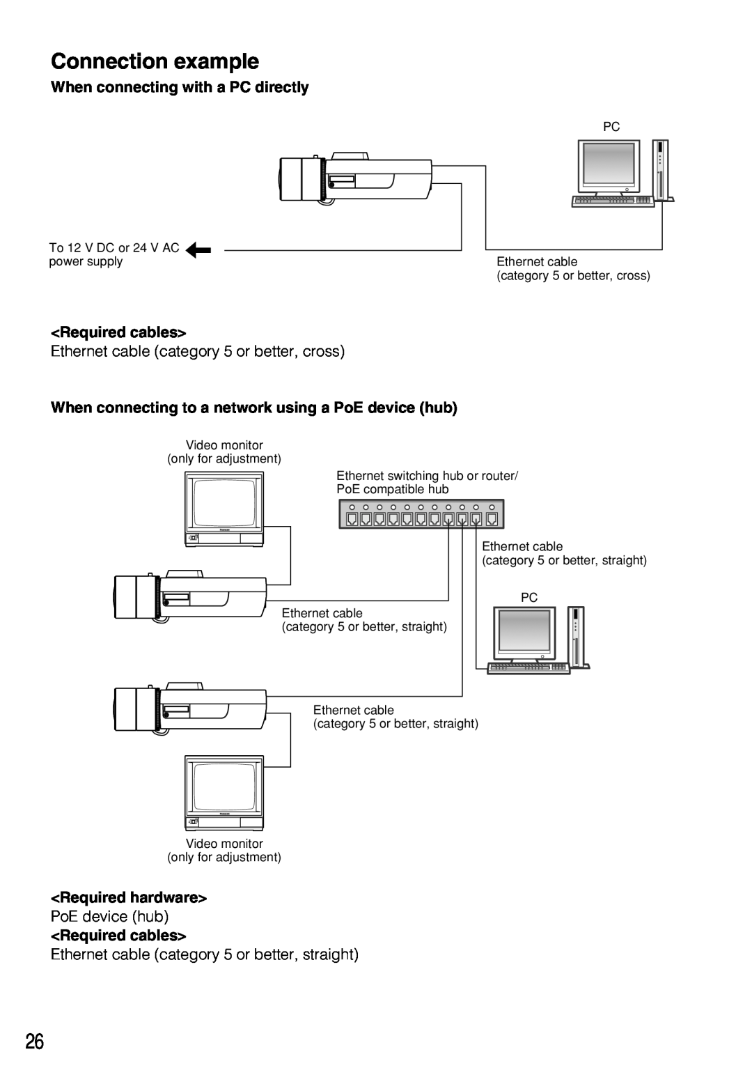 Panasonic WV-NP304 manual Connection example, When connecting with a PC directly, Required cables, Required hardware 
