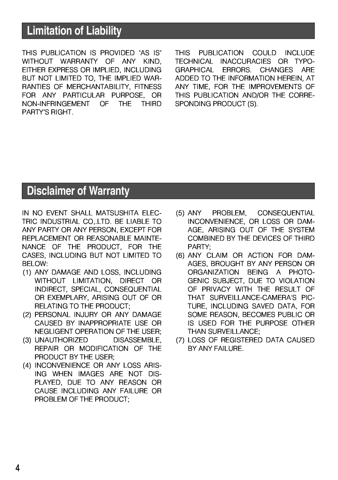 Panasonic WV-NP304 manual Limitation of Liability, Disclaimer of Warranty 
