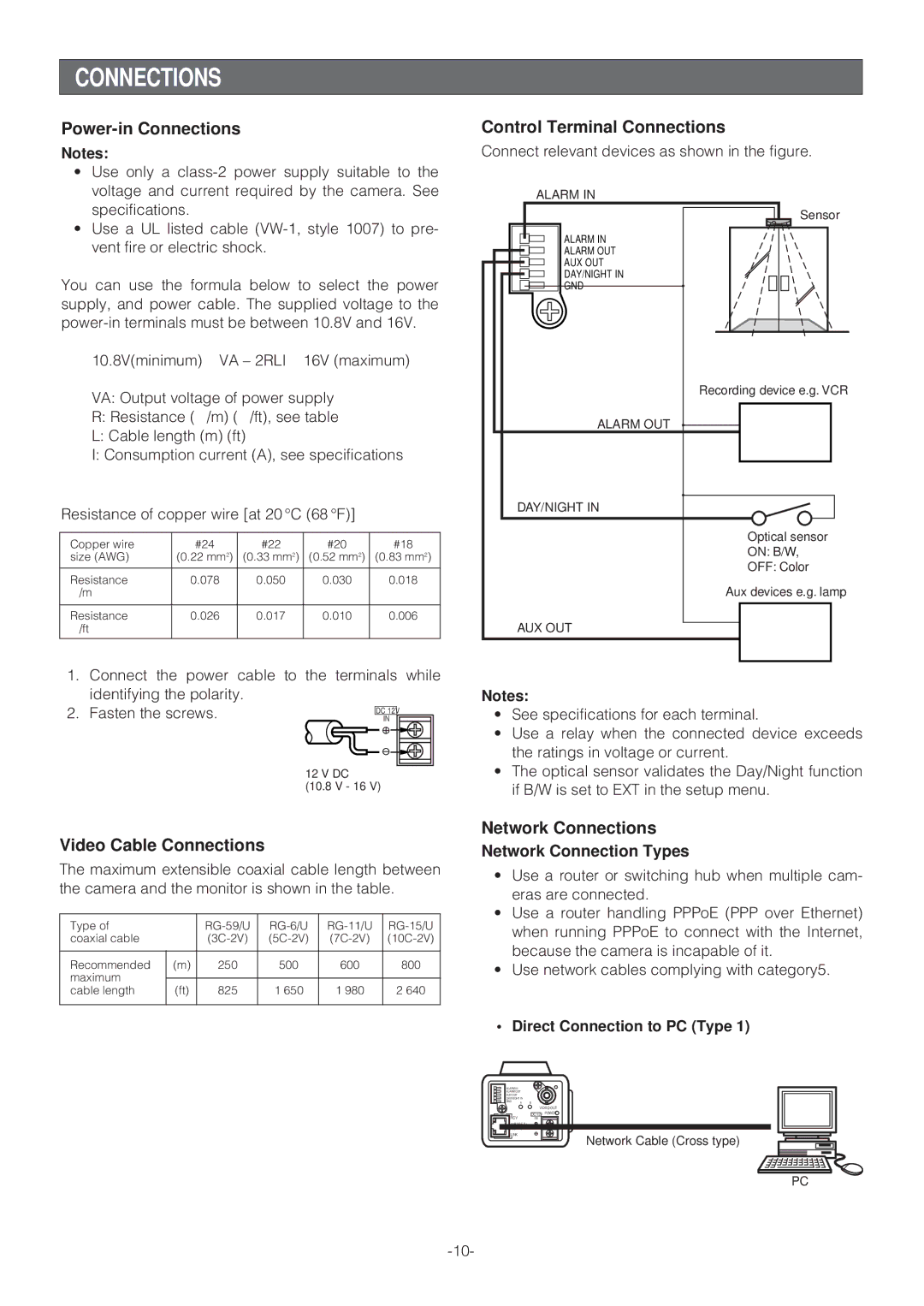 Panasonic WV-NP472 Power-in Connections, Control Terminal Connections, Video Cable Connections, Network Connections 