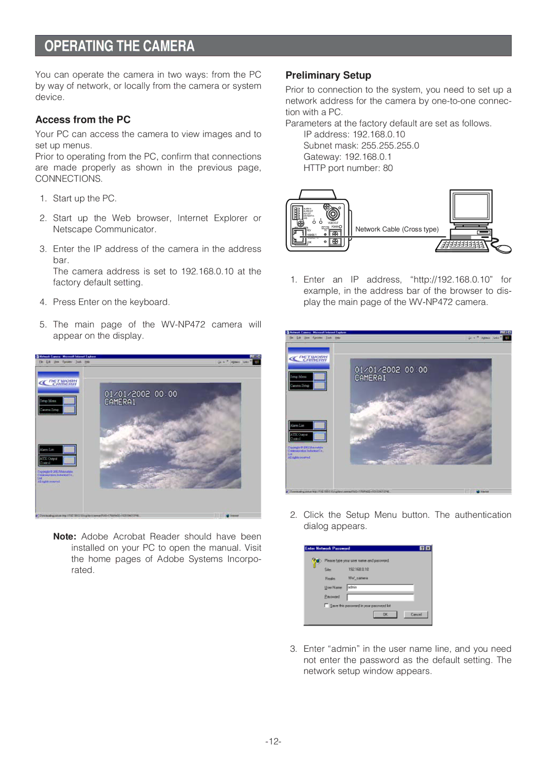 Panasonic WV-NP472 operating instructions Operating the Camera, Access from the PC, Preliminary Setup 